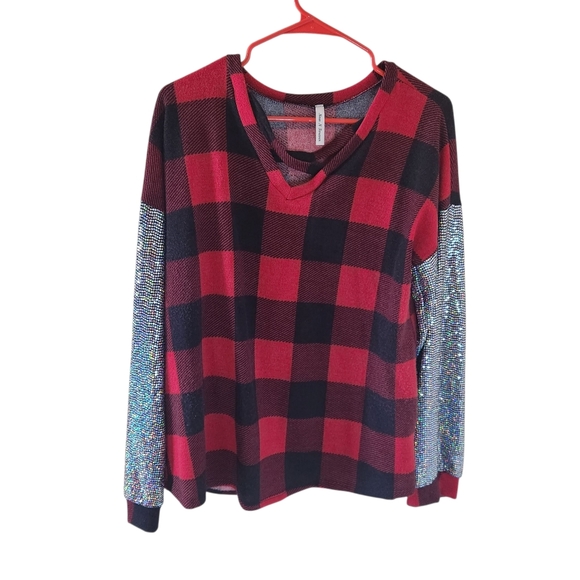 Now And Forever Sweaters - Now And Forever Red and Black Plaid Sweater with Sequin Sleeves